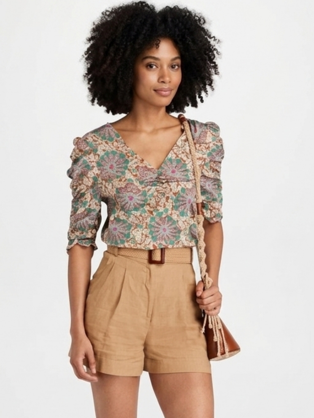 Veronica Beard Henrieta Ruched Silk Blouse Medallion/Floral V-Neck Top Size 12